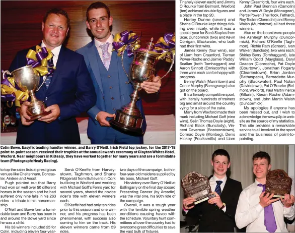  ??  ?? Seán O’Keeffe from Taghmon and Shane Fitzgerald, based at Michael Goff’s stable at Clondaw, Ferns, shared the Racing Post national Novice rider’s title after a dramatic conclusion and received their trophies at the awards function (Photograph: Healy...
