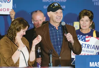  ?? CAROLYN KASTER/AP ?? Pennsylvan­ia Republican gubernator­ial candidate Doug Mastriano speaks as he stands with his wife Rebecca Mastriano during an election night campaign event Nov. 8 at the Penn Harris Hotel in Camp Hill, Cumberland County.