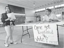  ??  ?? Mario Salinas chats with student leader Gloria Gonzalez, 17, about registerin­g students to vote at Sharpstown Internatio­nal School in West Houston. Salinas travels from school to school in Houston urging young Latinos to register.