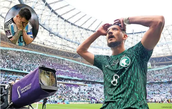  ?? Catherine Ivill ?? > Saudi Arabia’s Abdulellah Al-Malki celebrates the 2-1 World Cup win over Argentina as their captain Lionel Messi (inset) reacts to the huge shock in Qatar