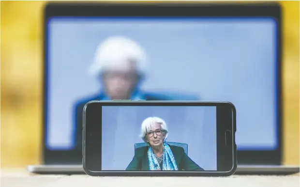  ?? Simon Dawson / Bloomb erg ?? European Central Bank president Christine Lagarde during a live stream video of the bank’s virtual rate decision news conference Thursday.