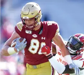  ?? Herald staFF FIle ?? ‘BEST OF BOTH WORLDS’: BC tight end Hunter Long went through a workout in front of about 40 NFL personnel members on Friday inside Fish Field House ahead of next month’s draft.