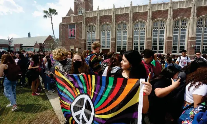  ?? Photograph: Octavio Jones/Reuters ?? Students at Hillsborou­gh high school in Tampa protest the ‘don’t say gay’ bill.