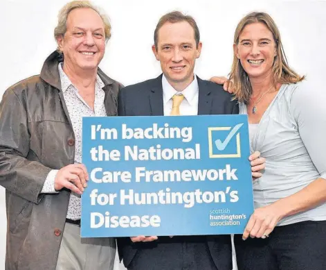  ?? ?? CAMPAIGN: Alistair Haw, centre, with Emmy Award-winning TV journalist Charles Sabine and SHA patron and Olympic medalist Sarah Winckless MBE – both of whom are related to Huntington’s disease sufferers.