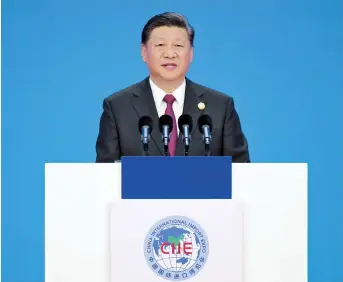  ??  ?? Chinese President Xi Jinping delivers a keynote speech at the opening ceremony of the first China Internatio­nal Import Expo in Shanghai yesterday. — Xinhua