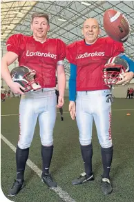  ??  ?? Former Old Firm favourites Mark Wilson and Alex Rae get into the Super Bowl spirit