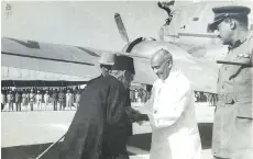  ??  ?? Nawab Mir Osman Ali Khan welcomes Sardar Patel at Airport in 1949. On right, Mahatama Gandhi (centre), Pt. Jawaharlal Nehru (left) and Patel interact.