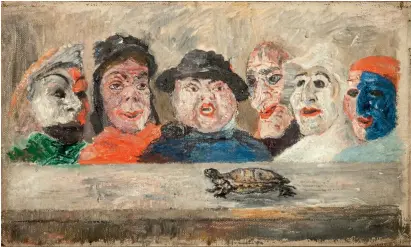  ??  ?? Ci-contre opposite: James Ensor. Masques regardant une tortue. 1894. Huile sur toile oil on canvas. 22 × 37 cm. (Coll. fondation Ensor). Ci-dessus above: Michel Gouéry. Sans titre. 2020. Céramique ceramic. 23 x 13 cm. (© arsenicgal­erie)