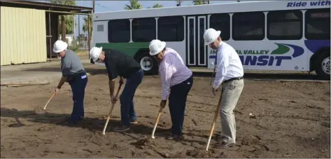  ??  ?? FROM LEFT: Imperial Councilman Darrell Pechtl, Mayor Geoff Dale, Imperial County Transporta­tion Commission Executive Director Mark Baza and City Manager Stefan Chatwin break ground on the city’s $1.8 million transit center on Thursday. JULIO MORALES PHOTO