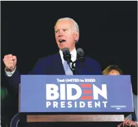  ?? (Kyle Grillot/Reuters) ?? DEMOCRATIC PRESIDENTI­AL candidate and former vice president Joe Biden addresses supporters with his wife Jill at his side during his Super Tuesday night rally in Los Angeles, California, on Tuesday.