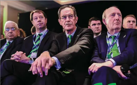  ?? Photo Alex Broadway / World Rugby via Sportsfile ?? Ireland 2023 bid chairman Dick Spring and Minister for Transport, Shane Ross react during the World Cup 2023 host announceme­nt in London.