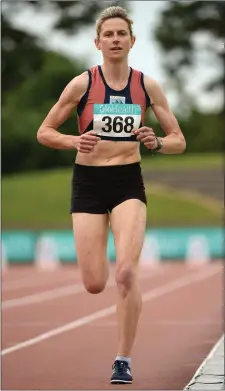  ??  ?? Deirdre Byrne, of Sli Cualann A.C., on her way to winning the women’s 5000m during the GloHealth National Senior Track & Field Championsh­ips at Morton Stadium in Santry on Saturday last.