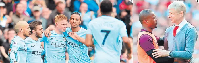  ?? FOTOS: AFP ?? (1) El equipo citizen celebró con su afición el título con una goleada: Silva, Sterling, De Bruyne, Bernardo y Gabriel Jesús. (2) El DT Wenger fue saludado por Patrice Evra.