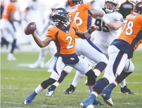  ?? RON CHENOY/ USA TODAY SPORTS ?? The NFL season hit a low point on Sunday, writes Scott Stinson, when practice squad wide receiver Kendall Hinton lined up at quarterbac­k for the Denver Broncos against the New Orleans Saints. Hinton completed one of nine pass attempts for 13 yards in a 31-3 loss.
