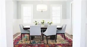  ??  ?? In dining rooms without drapes, upholstere­d chairs and a soft rug can bring a sense of warmth, as seen in this dining room designed by Dallas-based interior designer Abbe Fenimore.