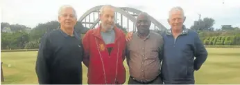  ??  ?? THANKS FOR SERVICE: A farewell braai was held recently for one of the Port Alfred Bowling Club green keepers, John Makhwezi Tyhutyhani, who retired after 20 years of loyal service to the club. With Tyhutyhani are, from left, David Freeme, John Bennett...