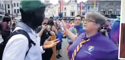  ??  ?? Nici Lintern-Gittens confronts the man in Cardiff city centre. Inset, Niki, right, with her wife Alison Lintern-Gittens