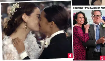  ??  ?? Clinch: Lily James and Alicia Vikander kiss, watched by Andie MacDowell and Hugh Grant 5 4