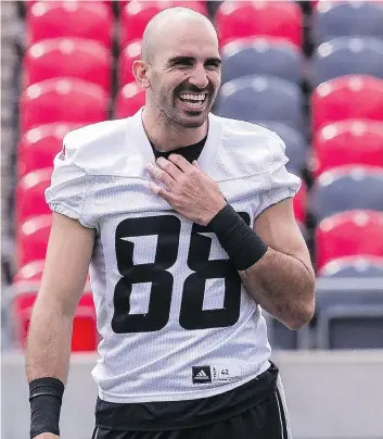  ?? ERROL MCGIHON ?? Redblacks wide receiver Brad Sinopoli is enjoying one of the most prolific pass-catching seasons in CFL history. The 30-year-old Canadian is leading the league with 60 receptions through just eight games.