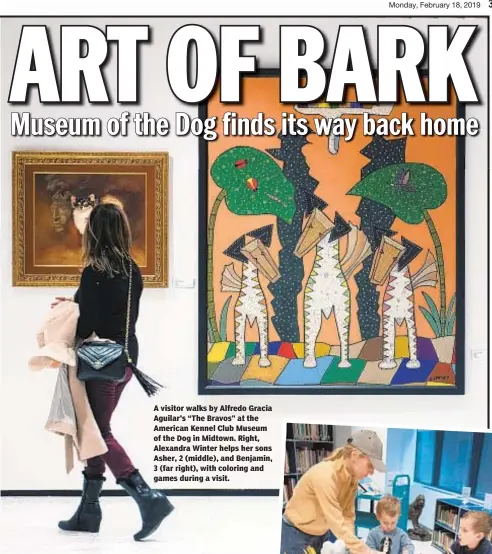  ??  ?? A visitor walks by Alfredo Gracia Aguilar’s “The Bravos” at the American Kennel Club Museum of the Dog in Midtown. Right, Alexandra Winter helps her sons Asher, 2 (middle), and Benjamin, 3 (far right), with coloring and games during a visit.