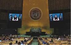  ?? ?? Prime Minister Imran Khan addresses the 76th session of the United Nations General Assembly at UN headquarte­rs on Friday through a prerecorde­d message.