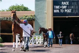  ?? AP Photo/Ashley Landis ?? ■ In this Friday, photo, grooms wearing face masks lead horses to track at Santa Anita Park in Arcadia, Calif. Horse racing returned to the track after being idled for one and a half months because of public health officials' concerns about the coronaviru­s pandemic.