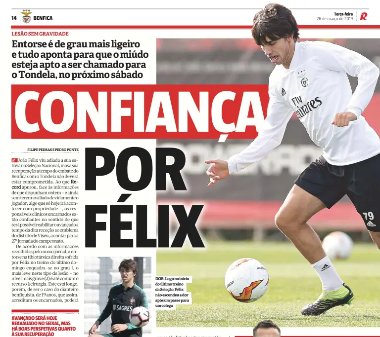  ??  ?? DOR. Logo no início do último treino da Seleção, Félix não escondeu a dor após um passe para um colega