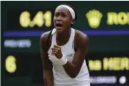  ?? BEN CURTIS — THE ASSOCIATED PRESS ?? Coco Gauff reacts after winning a point against Polona Hercog Friday at Wimbledon.