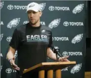  ?? MATT ROURKE — THE ASSOCIATED PRESS ?? Philadelph­ia Eagles quarterbac­k Nick Foles speaks with members of the media during a news conference at the team’s NFL football training facility in Philadelph­ia Tuesday.