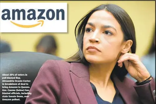  ??  ?? About 38% of voters in poll blamed Rep. Alexandria Ocasio-Cortez in breakdown of deal to bring Amazon to Queens. Gov. Cuomo (below) has blasted officials, including state Senate Dems, over Amazon pullout.