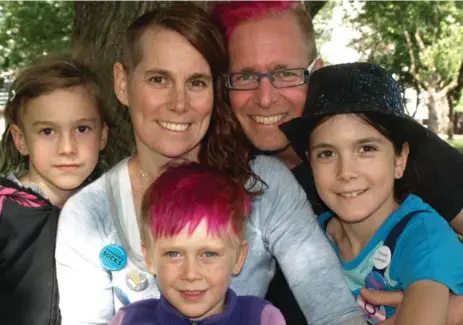  ?? KATHY WITTERICK ?? The Stocker-Witterick family, including, from left, Kio, 7, who identifies as non-binary; mother Kathy Witterick; Storm, 5, who identifies as a girl; father David Stocker; and Jazz, 10, who identifies as a transgende­r girl, say gender diversity is more...