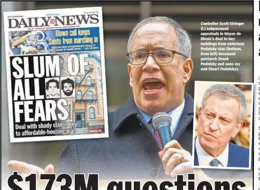  ??  ?? Controller Scott Stringer (l.) subpoenaed appraisals in Mayor de Blasio’s deal to buy buildings from notorious Podolsky clan (bottom, from left) deceased patriarch Zenek Podolsky and sons Jay and Stuart Podolsky).