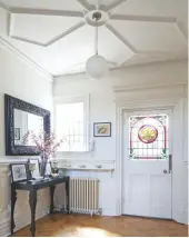  ??  ?? HALLWAY This elegant space is bursting with original features, from the stained glass in the front door to the ornate cornicing.
Walls in Strong White estate emulsion, £47.95 for 2.5ltr, Farrow & Ball. Louis console table, £600, Heal’s. Mirror, £350, Hunters Interiors. Globe pendant, £150, John Lewis & Partners