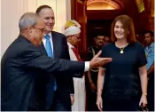  ?? — PTI ?? President Pranab Mukherjee welcomes New Zealand’s PM John Key and his wife Bronagh to the Rashtrapat­i Bhavan in New Delhi on Wednesday.