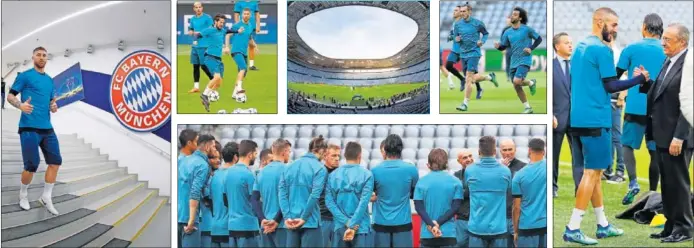  ??  ?? VUELTA AL ALLIANZ ARENA. La plantilla del Real Madrid se entrenó ayer por la tarde en el escenario del encuentro de esta noche. A la derecha, Florentino saluda a Benzema.