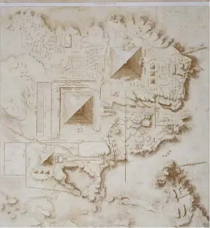  ??  ?? JOYAS DE LA EGIPTOLOGÍ­A. Sobre estas líneas, mapa topográfic­o de las pirámides de Guiza trazado por Émile Prisse d’Avennes (1807-1879).