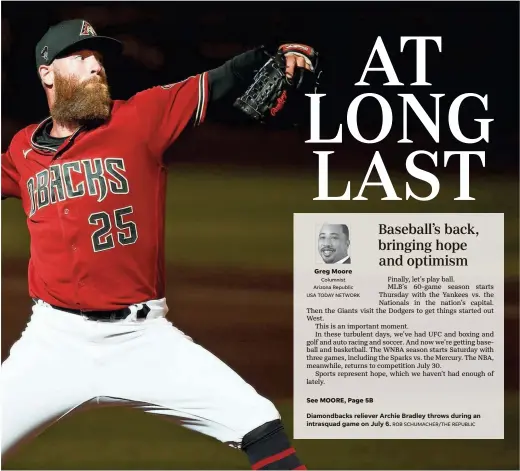  ??  ?? Diamondbac­ks reliever Archie Bradley throws during an intrasquad game on July 6.