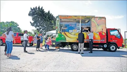  ??  ?? People stand in line to receive food from the Mobile Market at John F. Kennedy Park, 1824 NE 16. Ending Hunger OKC, a program of St. Luke's United Methodist Church, got a grant from OGE Energy Corp, the parent company of OG&E, to purchase local restaurant food to give to metro residents who also get free fruit and vegetables. [SARAH PHIPPS/ THE OKLAHOMAN]