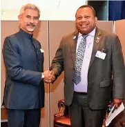  ?? Photo: Jaishankar’s Twitter ?? India’s External Affairs Minister S Jaishankar with Fijian counterpar­t Minister for Defence, National Security and Foreign Affairs Inia Seruiratu meeting on the margins of the Climate Summit in New York. Mr Jaishankar tweeted: “Nice conversati­on with FM Inia Seruiratu of Fiji. An old relationsh­ip with new possibilit­ies.”