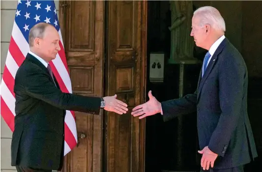  ?? Photo: AP ?? US President Joe Biden and Russian President Vladimir Putin arrive to meet at the Villa la Grange on Wednesday in Geneva, Switzerlan­d.