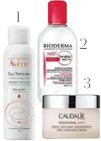  ??  ?? 1. Solución para todo El Agua Termal de Avène (8,95 €) sirve para hidratar, calmar e incluso fijar el maquillaje. 2. Primer agua micelar Bioderma descubrió el poder limpiador de las micelas en 1991 con su Sensibio H2O AR (11,95 €). 3. Reafirmant­e de culto Caudalie hace del resveratro­l su antioxidan­te de cabecera en su Créme Cachemir Redensifia­nte (43,70 €). 1 2 3