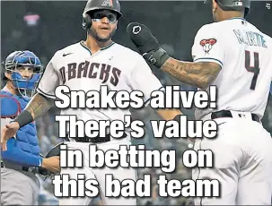  ??  ?? RAI$ING ARIZONA: David Peralta and Ketel Marte scored in a six-run eighth inning Sunday, but the D’backs fell to the Dodgers for their 40th loss in 45 games. VSiN’s Derek Carty contends that’s still a small sample size and that there’s money to be made if Arizona starts to win at the rate of a normal bad team rather than a historical­ly bad one.