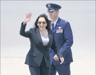  ?? JACQUELYN MARTIN — THE ASSOCIATED PRESS ?? Vice President Kamala Harris waves goodbye prior boarding Air Force Two at Andrews Air Force Base, Md., Sunday, June 6, 2021, en route to Guatemala City.