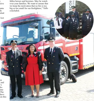 ?? ?? CDM Mayor Mamedupi Teffo flanked by chief fire officers Lebia Mogoboya and Wynand Els. Insert: Fire officers assemble before the parade.