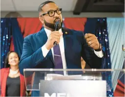  ?? KYLE TELECHAN/POST-TRIBUNE ?? Newly-elected Gary Mayor Eddie Melton speaks to supporters as he declares victory on Nov. 7.