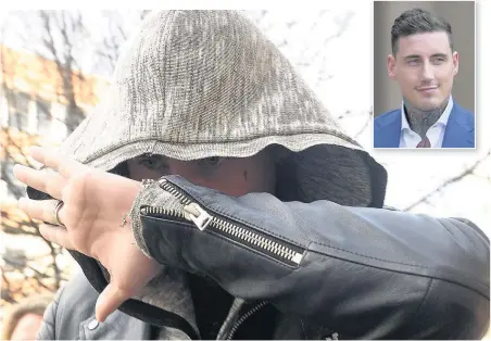  ??  ?? > Reality TV star Jeremy McConnell at Cardiff Magistrate­s’ Court yesterday and, inset, at Liverpool Crown Court in August