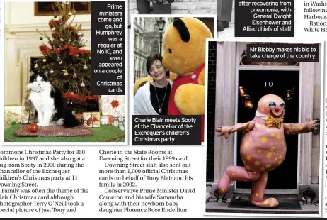  ??  ?? Prime ministers come and go, but Humphrey was a regular at No 10, and even appeared on a couple of Christmas cards Cherie Blair meets Sooty at the Chancellor of the Exchequer’s children’s Christmas party Mr Blobby makes his bid to take charge of the country