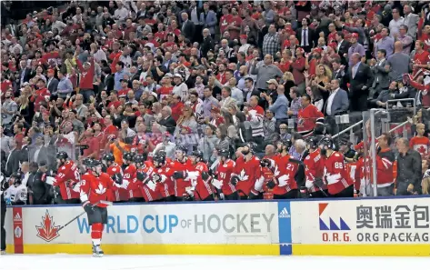  ?? BRUCE BENNET/GETTY IMAGES ?? Logan Couture and his Canada teammates celebrate his goal during the Canada’s win over Team Europe Wednesday at the World Cup of Hockey in Toronto. Team Canada faces Team Russia Saturday night in a semifinal.