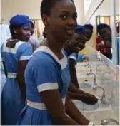  ??  ?? Excited students of Our Lady of Apostles Secondary School, Ijebu-Ode, Ogun State, using the sanitary facility donated to the school by the Educationa­l Co-operation Society (ECS) after its inaugurati­on... recently