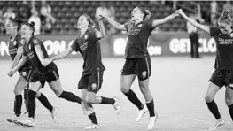  ?? STEPHEN M. DOWELL/STAFF PHOTOGRAPH­ER ?? Pride players celebrate after Saturday night’s victory against the Washington Spirit at Orlando City Stadium brought their two-game losing streak to an end.